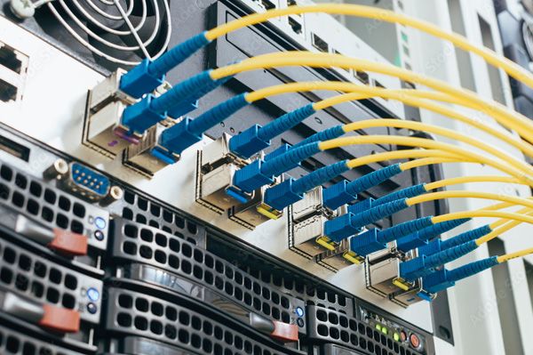 Fiber patch cables connected to a server